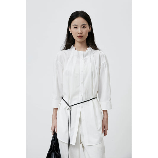 [Camisa de órgano] Camisa holgada elegante blanca CAREMIND, camisa de manga cinco cuartos de largo y ancho medio con cinturón 