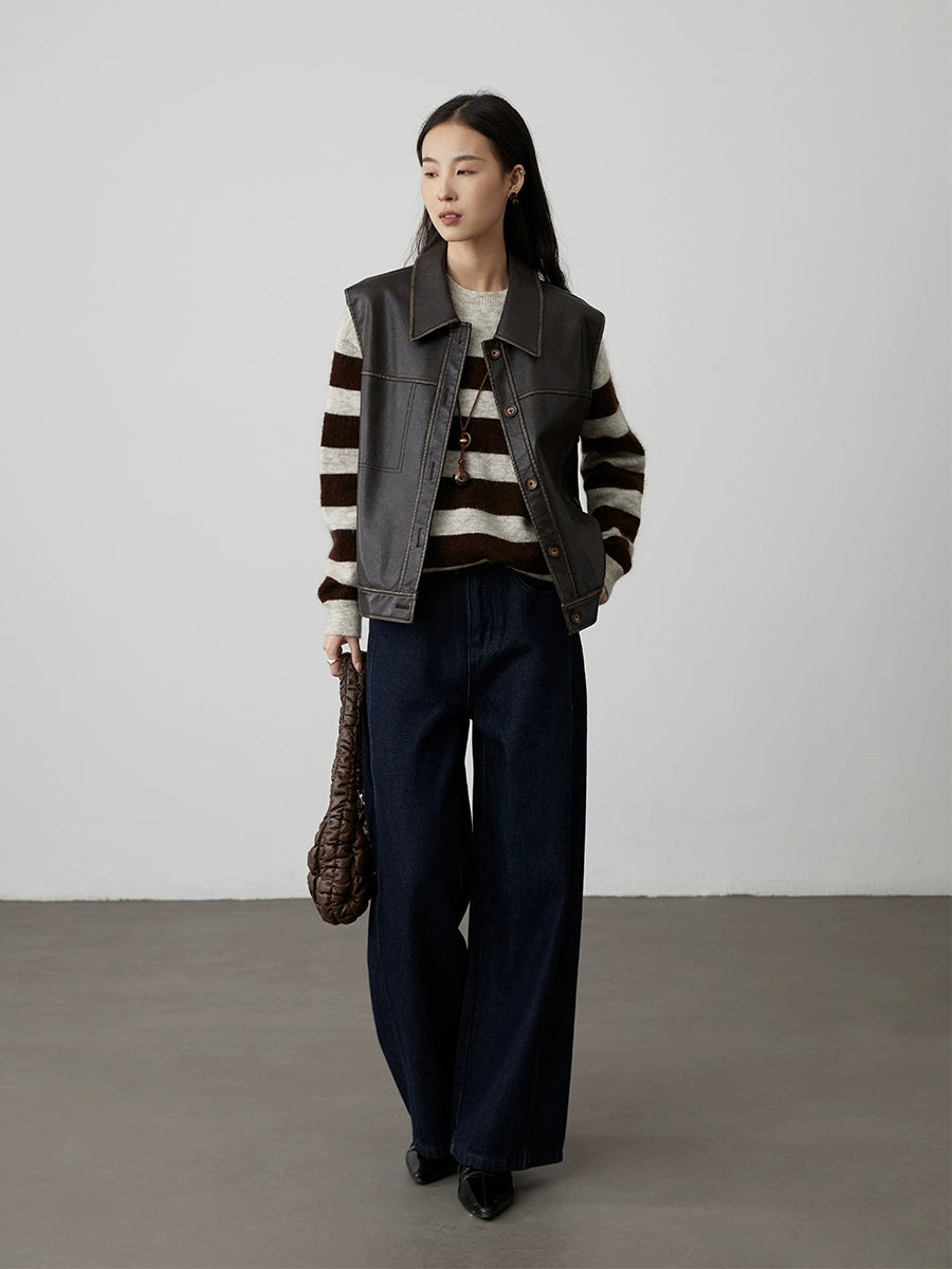 [Cuarteto] Suéter de punto suave y encerado con rayas en contraste de color gris café y mohair de CAREMIND 