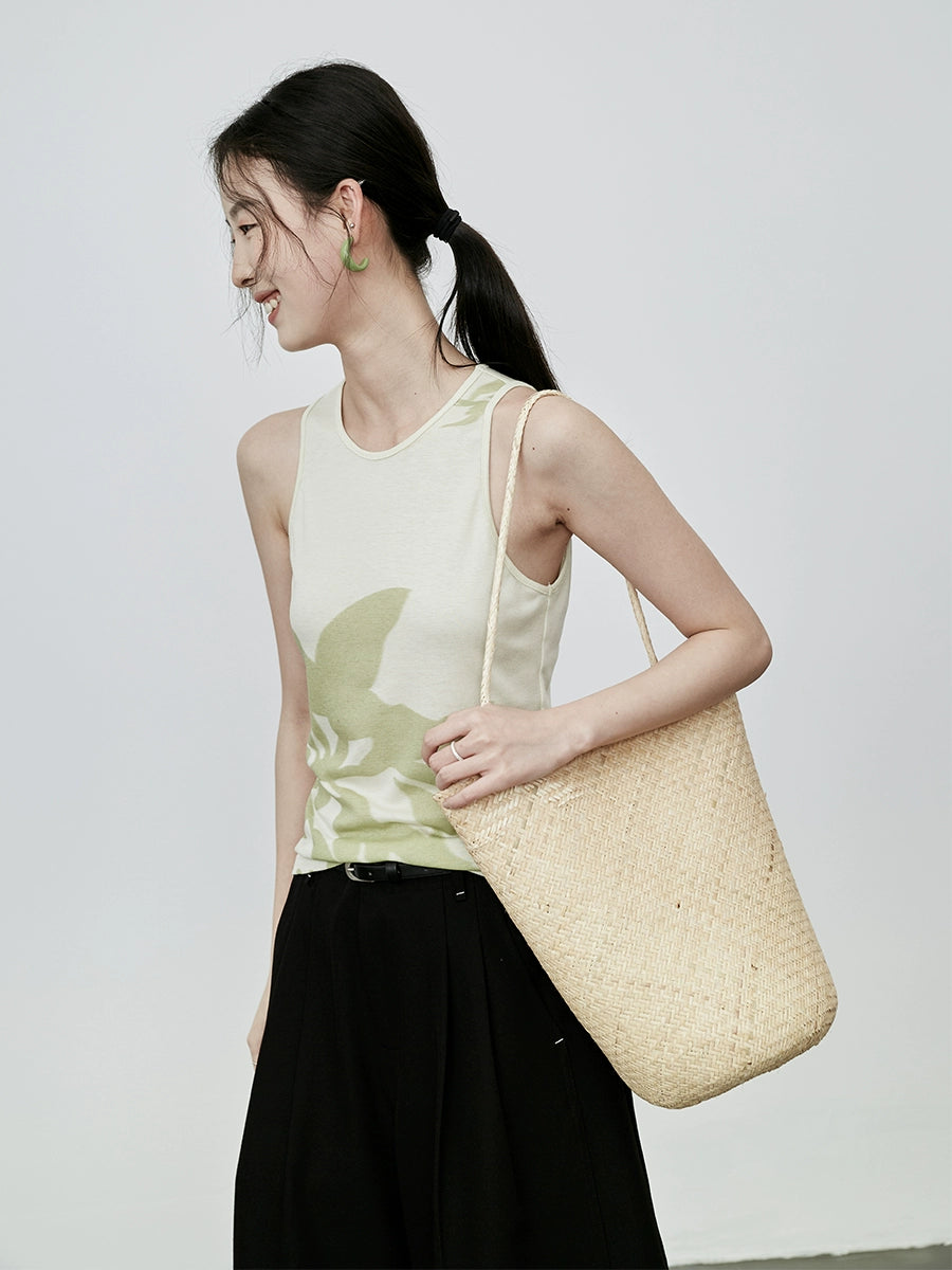 CAREMIND Gilet ajusté imprimé végétal pour femme, petit haut sans manches à bas chinois