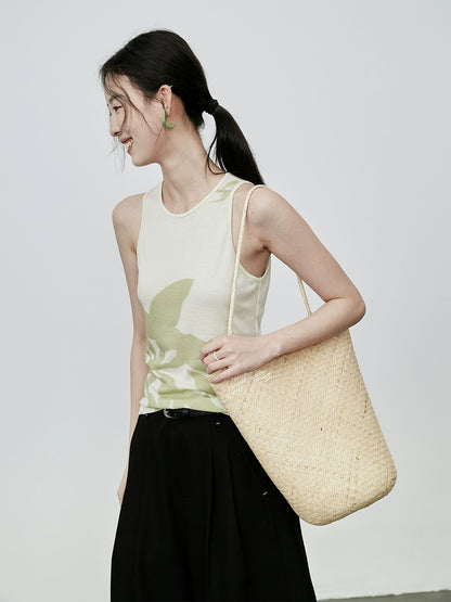 CAREMIND Gilet ajusté imprimé végétal pour femme, petit haut sans manches à bas chinois