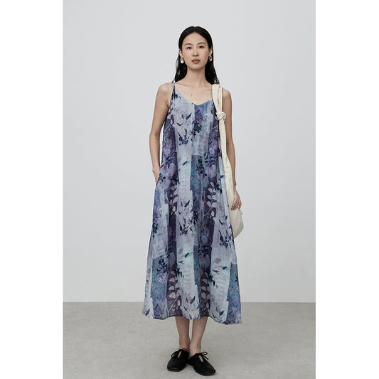Vestido retro holgado sin mangas con falda con tirantes y estampado morado para vacaciones en la playa de CAREMIND 