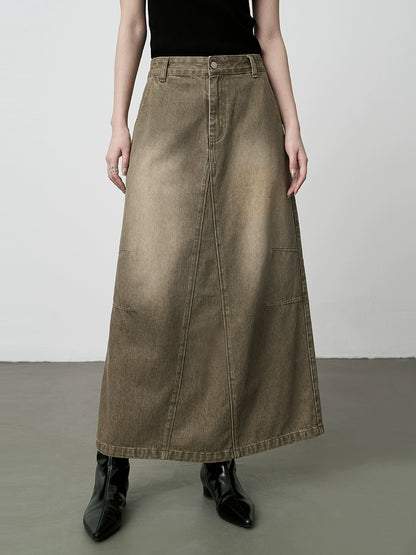 Falda vaquera antigua retro americana CAREMIND 2024, cintura alta, palabra A, falda larga de algodón con abertura 