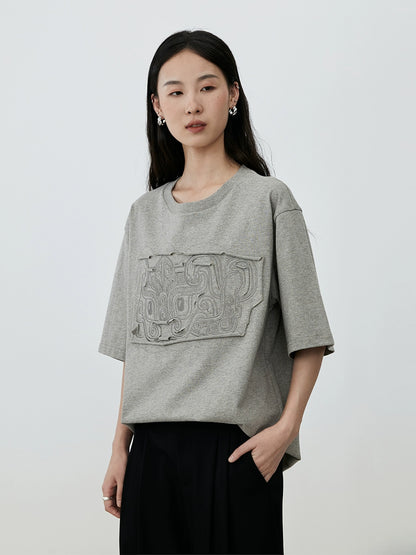 [Totem T-shirt] CAREMIND heavy industry embroidery three-dimensional gray short-sleeved casual half-sleeved salt T-shirt top