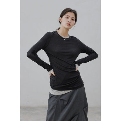 [Oferta especial por tiempo limitado] Camisa de punto de lana Tencel, top de manga larga con cuello redondo, acaparamiento y apilamiento ligeros, artefacto para mujer 