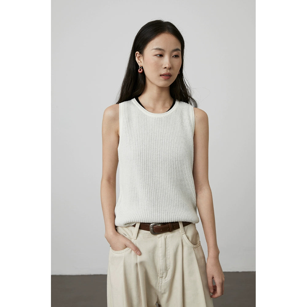 [Chaleco totalmente de lana] Chaleco sin mangas de lana CAREMIND, camiseta de punto con cuello redondo y tiras simples en las sienes 