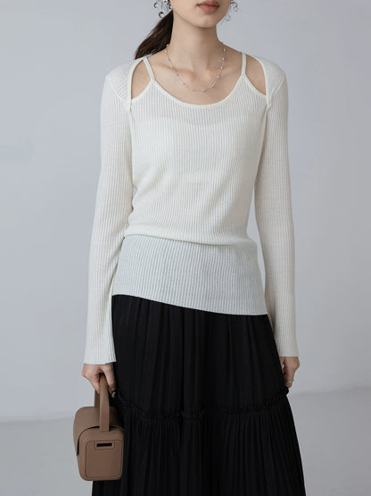 [Oferta por tiempo limitado] Suéter de punto con hombros descubiertos y curvado de primavera acogedor para mujer Premium Sense Saddle Spring Brown Upper 