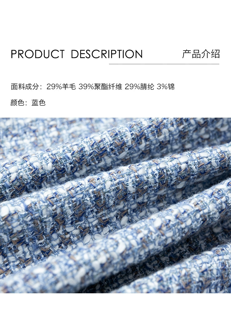 [Oferta especial por tiempo limitado] Chaqueta Xiaoxiangfeng azul de diseño original, otoño e invierno, top corto de tweed para desplazamientos 