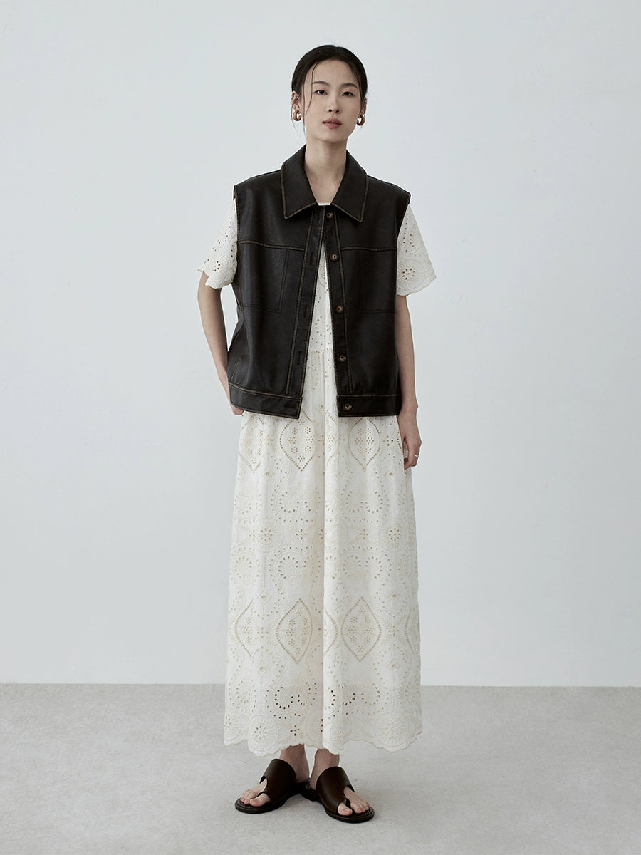 CAREMIND Heavy Industry - Vestido beige con bordados y huecos para mujer, elegante vestido largo francés de verano con cinturón 