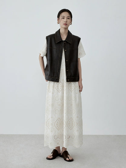 CAREMIND Heavy Industry - Vestido beige con bordados y huecos para mujer, elegante vestido largo francés de verano con cinturón 