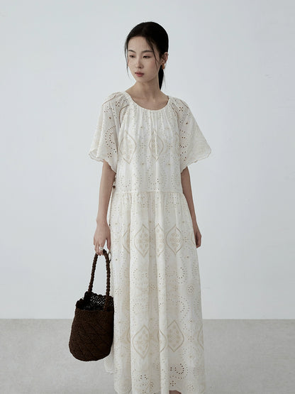 CAREMIND Heavy Industry - Vestido beige con bordados y huecos para mujer, elegante vestido largo francés de verano con cinturón 