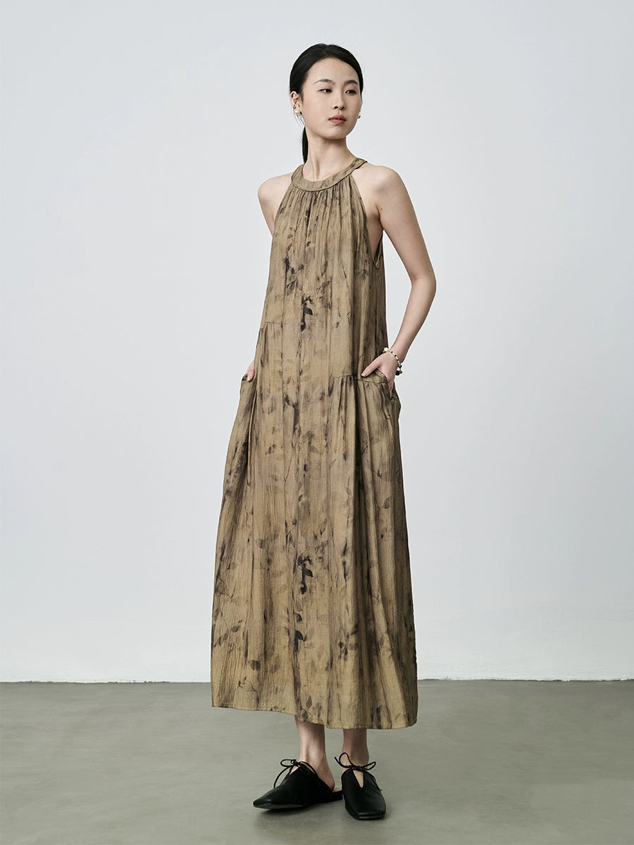 [Vestido con sombra de hojas] Vestido largo con cuello de flores de color verde amarillo chino nuevo de CAREMIND Vestido con tirantes sin mangas 