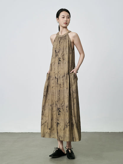 [Vestido con sombra de hojas] Vestido largo con cuello de flores de color verde amarillo chino nuevo de CAREMIND Vestido con tirantes sin mangas 