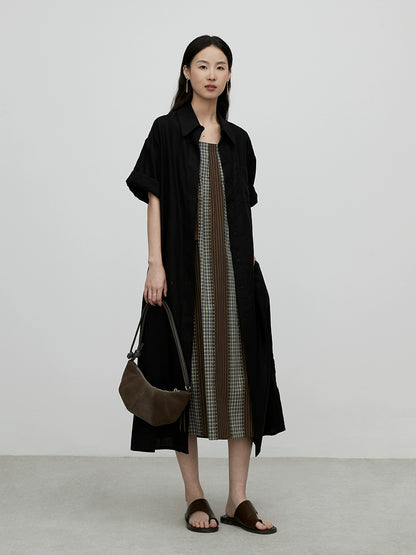 [Sunset Forest] CAREMIND personalized splicing plaid suspender dress Hong Kong style chic medium and long dress children