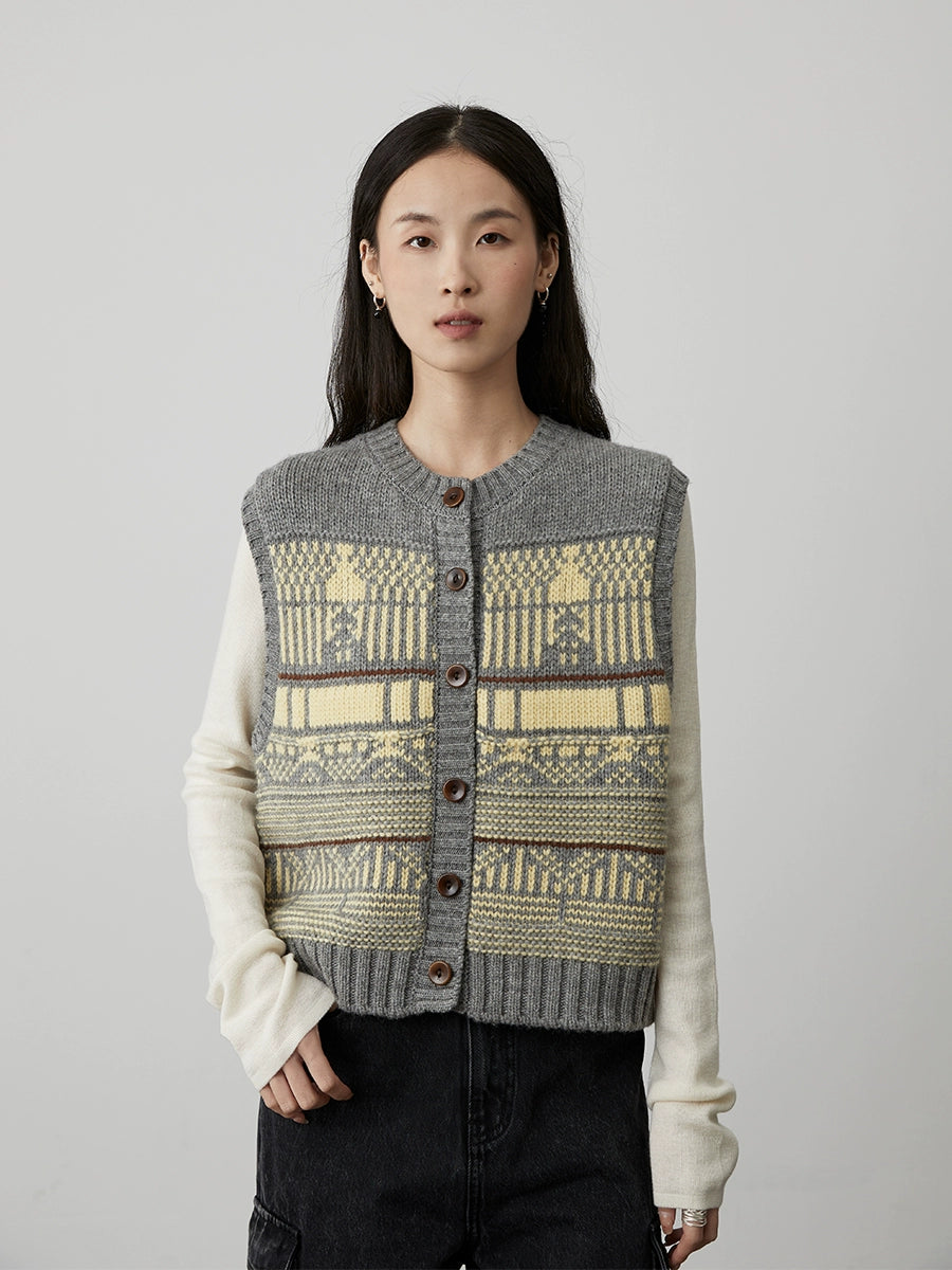 [Utopia] CAREMIND retro simple crochet vest vest button contrasting color sleeveless vest sweater autumn