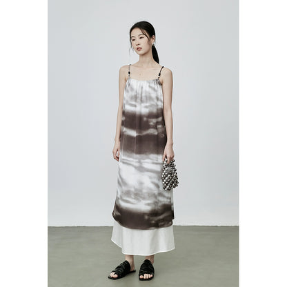 CAREMIND estilo nacional temperamento pintura de tinta vestido de tirantes vestido de otoño nuevo manchado con cuentas sin mangas falda larga 