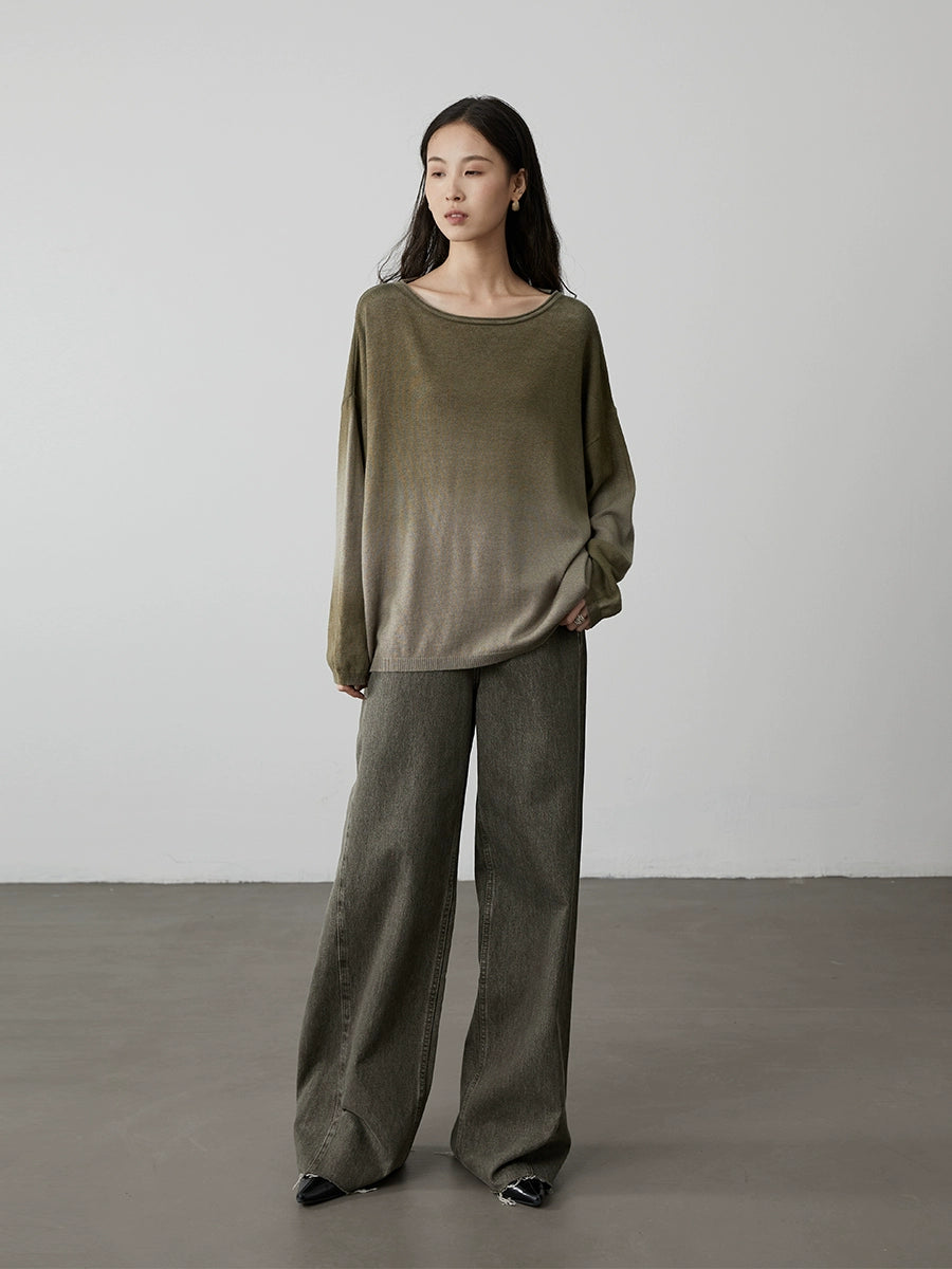 CAREMIND Old olive green narrow wide-leg jeans show straight and thin straight floor mopping pants women's spring and autumn models