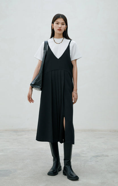 [Offre spéciale à durée limitée] Robe ample sans manches à volants pour femme, jupe plissée à bretelles, jupe mi-longue et longue, jupe gilet à col en V