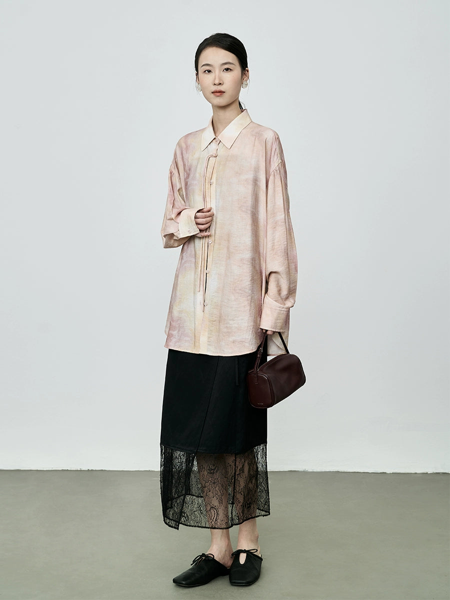 CAREMIND Nouvelle chemise à boutons fumés pêche chinoise Design d'été Tache d'encre Chemise à manches longues fine et climatisée