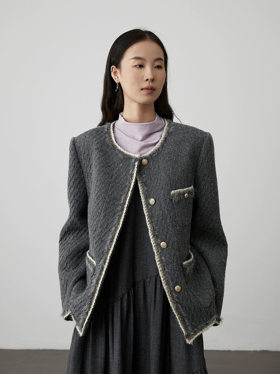 [Fragancia pequeña en tono gris] CAREMIND, fragancia pequeña de tweed clásico, temperamento de celebridad exquisito, abrigo corto 