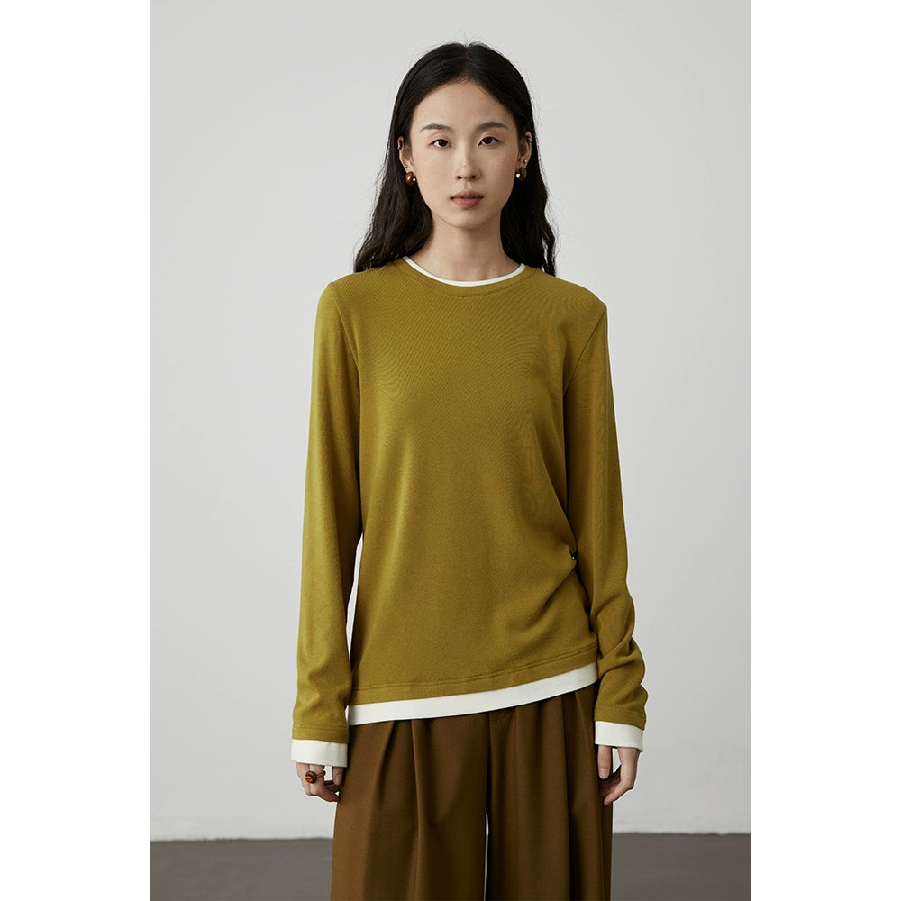 [Otoño significativo] CAREMIND Camiseta de manga larga con dos botones en contraste de color amarillo mostaza para mujer Camisa ajustada con dobladillo 