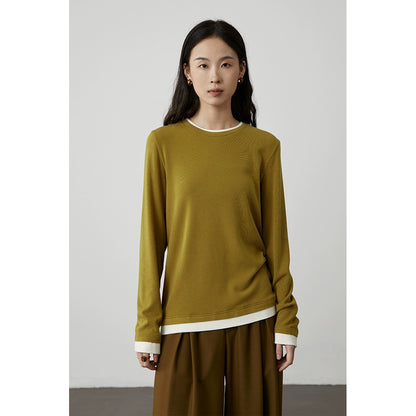 [Otoño significativo] CAREMIND Camiseta de manga larga con dos botones en contraste de color amarillo mostaza para mujer Camisa ajustada con dobladillo 