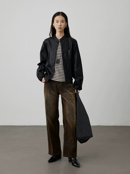[Thin and Qiao Muffins] CAREMIND Striped Crew Neck Long Sleeve T-Shirt Slim and Skinny Inner Bottom Top Spring and Autumn