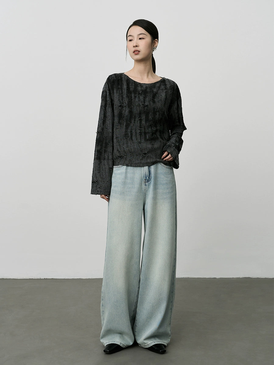 T-shirt à manches longues CAREMIND à motif de vieux trous, noir, tie-dye, haut polyvalent et paresseux pour le début du printemps