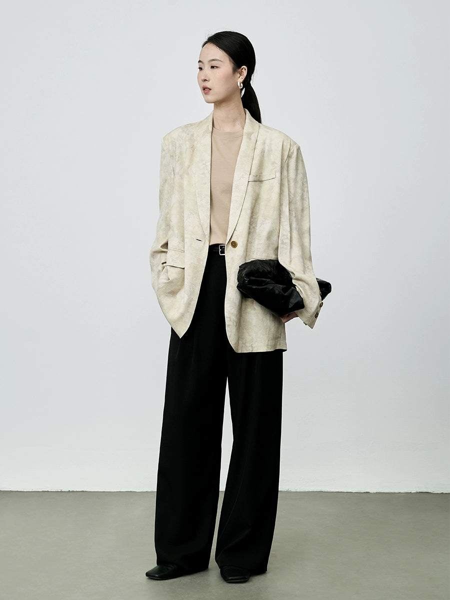 CAREMIND Nuevo blazer chino de tencel con cuello de manzana, traje pequeño holgado con estampado beige para mujer 