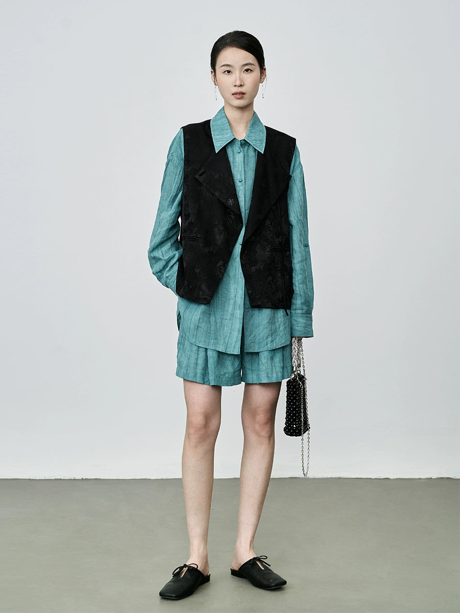 Conjunto de dos piezas de camisa y pantalones cortos teñidos a mano de Tencel de alta calidad con diseño de viento otoñal de CAREMIND 