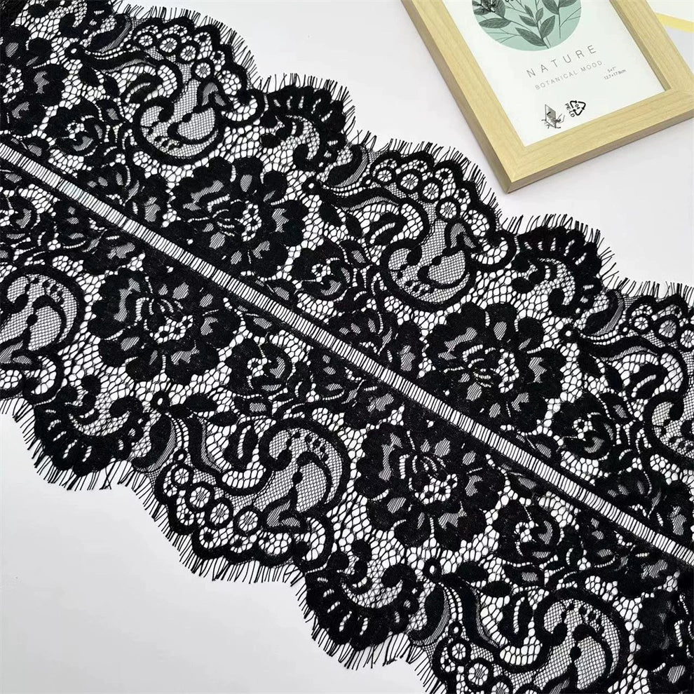 3755 Precio de tres metros, línea de hueso que contiene algodón de alta calidad, tela de encaje de pestañas, blanco y negro, tela de empalme de ropa bilateral