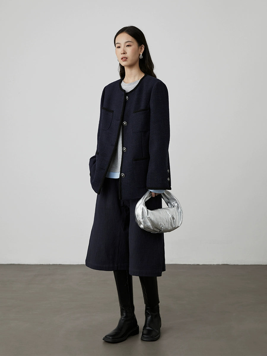 [Italian Slack] Chaqueta Xiaoxiangfeng azul marino elegante CAREMIND Nueva camiseta corta de temperamento premium Otoño 