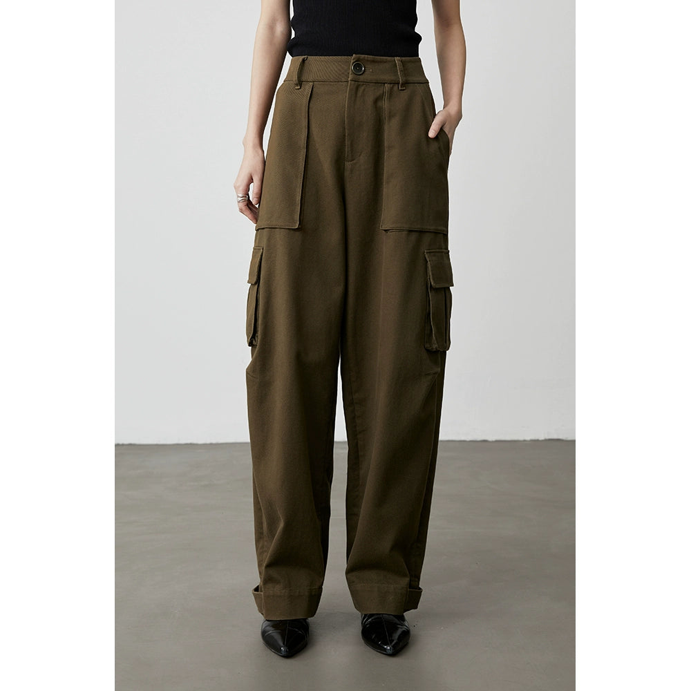 [City Tooling] Pantalones de trabajo holgados y rectos color verde oliva CAREMIND para mujer, de cintura alta, con múltiples bolsillos y pernera ancha 