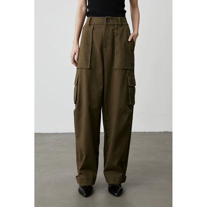 [City Tooling] Pantalones de trabajo holgados y rectos color verde oliva CAREMIND para mujer, de cintura alta, con múltiples bolsillos y pernera ancha 