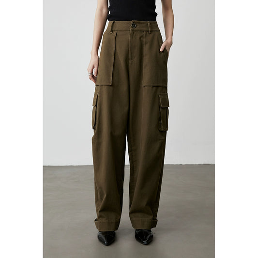 [City Tooling] Pantalones de trabajo holgados y rectos color verde oliva CAREMIND para mujer, de cintura alta, con múltiples bolsillos y pernera ancha 