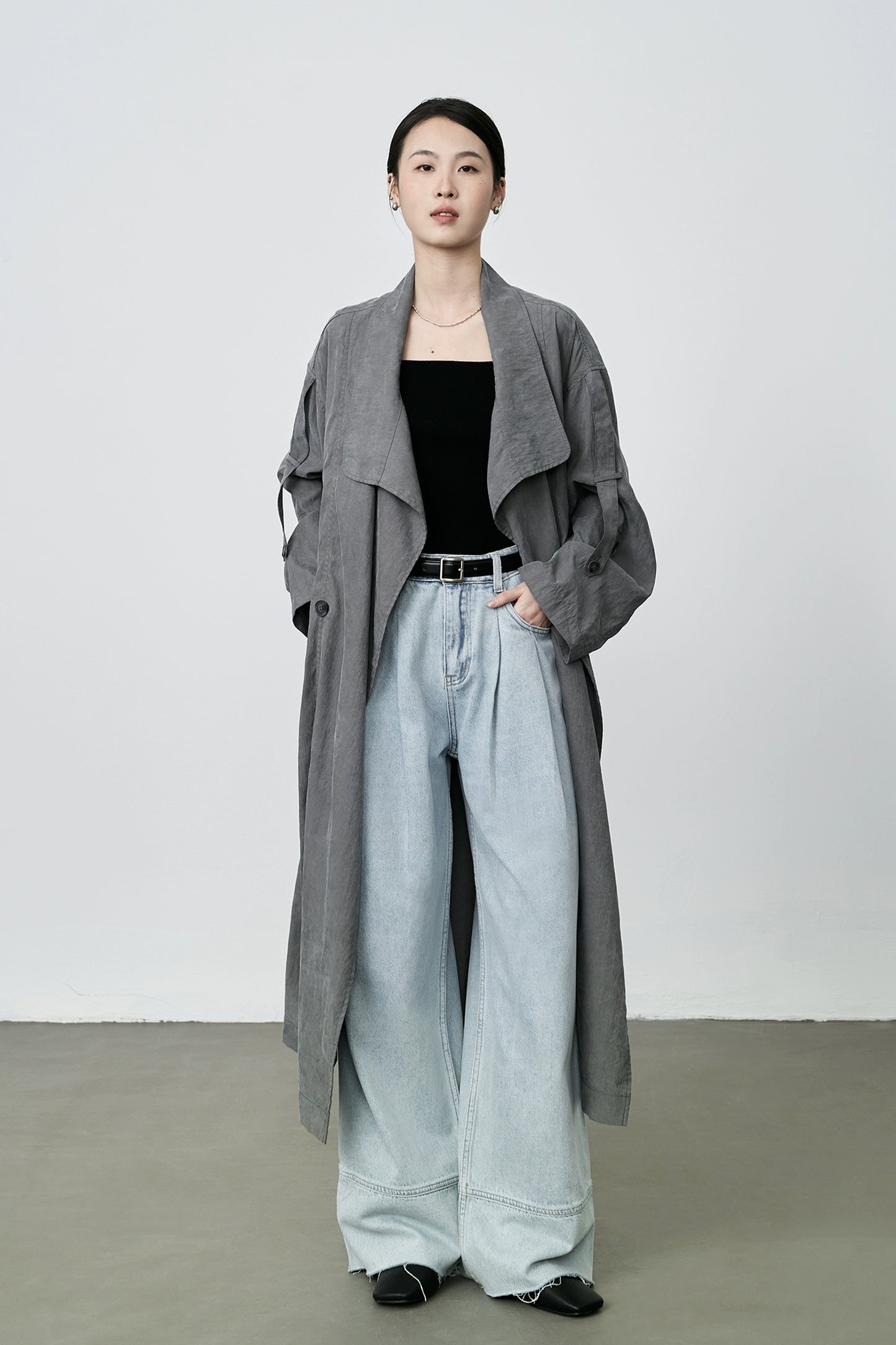 CAREMIND Gabardina informal holgada gris mediana y larga, abrigo fino de temperamento retro francés para mujer 