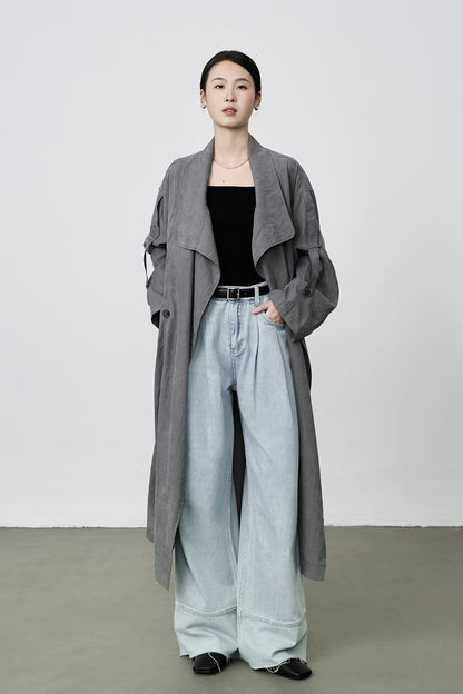 CAREMIND Gabardina informal holgada gris mediana y larga, abrigo fino de temperamento retro francés para mujer 