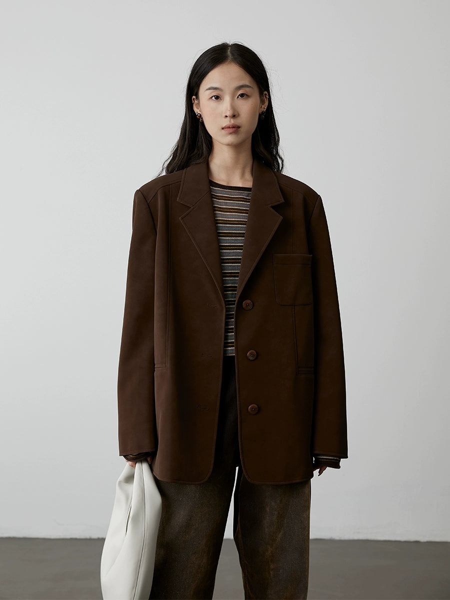 [Café con avellana] Chaqueta ajustada de traje de cuero marrón caramelo clásico vintage de CAREMIND 