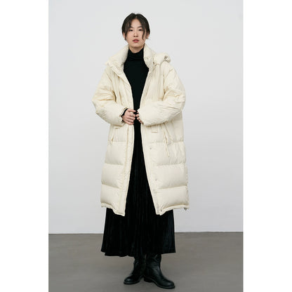 CAREMIND Chaqueta de plumón con capucha hasta la rodilla blanca para mujer, chaqueta térmica de plumón 90 % 