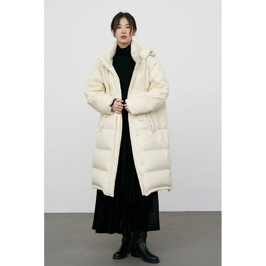 CAREMIND Chaqueta de plumón con capucha hasta la rodilla blanca para mujer, chaqueta térmica de plumón 90 % 