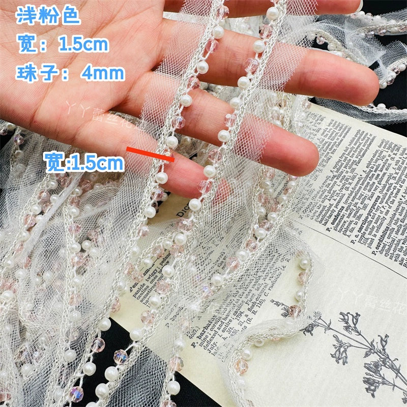 Cinta de encaje con diamantes de imitación de perlas de 1,5 cm de ancho, ideal para hacer puños, escotes, vestidos de novia, correas de hombro, accesorios para el cabello y sombreros.