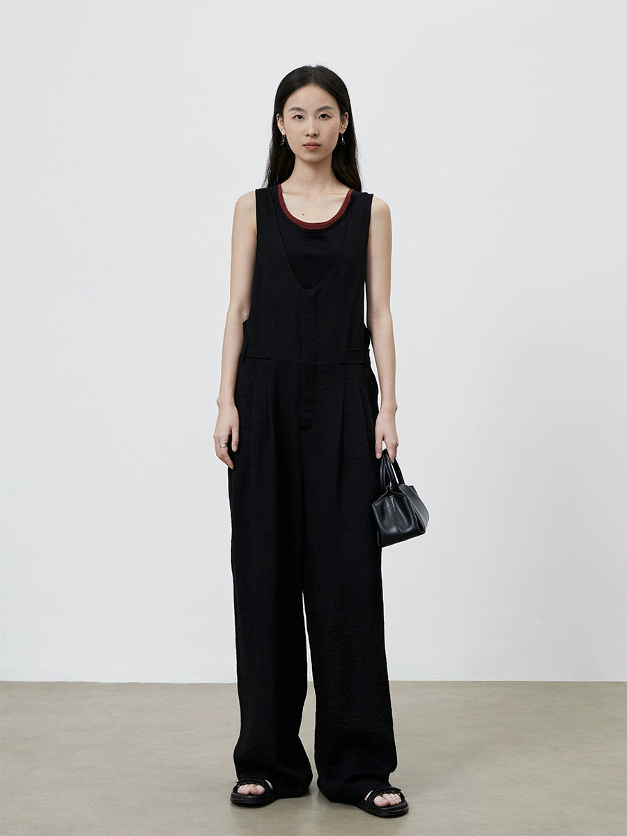 [Simple Life] CAREMIND Black Casual Tooling Overalls Wide Leg Versatile Skinny Jumpsuit Women