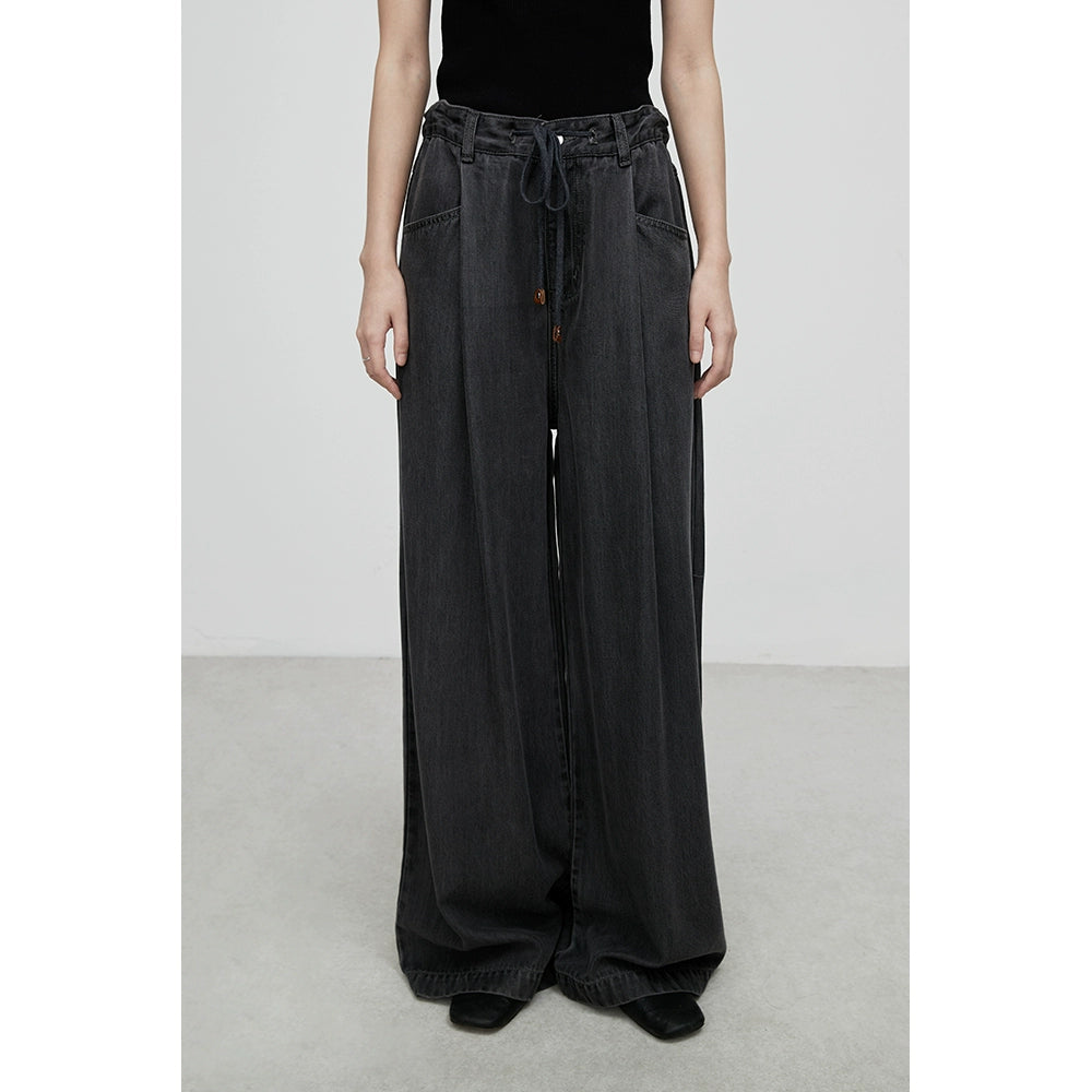 [Vaqueros claros] Pantalones vaqueros rectos de tencel cómodos y azules de CAREMIND, pantalones anchos y altos con fruncido 