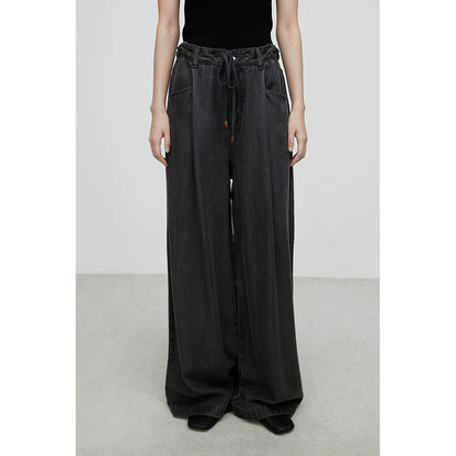 [Vaqueros claros] Pantalones vaqueros rectos de tencel cómodos y azules de CAREMIND, pantalones anchos y altos con fruncido 