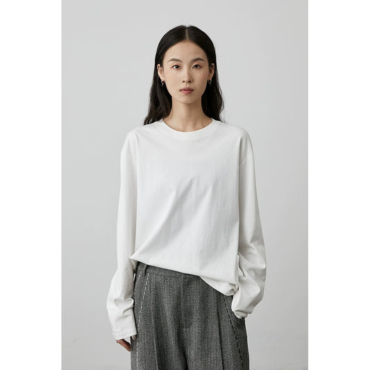 [Camiseta blanca Ridge Line] Camiseta larga clásica blanca de cuello redondo de CAREMIND, nueva camiseta informal con parte inferior 