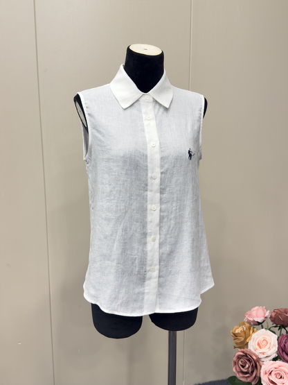 8027★  old money style simple polo collar sleeveless shirt women's 25 new casual versatile linen embroidered top