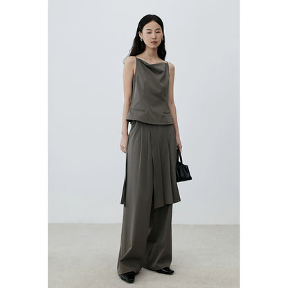 [Sentido ligero y de moda] CAREMIND Traje de temperamento de estilo europeo con cuello oscilante, tirantes, pantalones de traje de pierna ancha, falda de pantalón apilada 