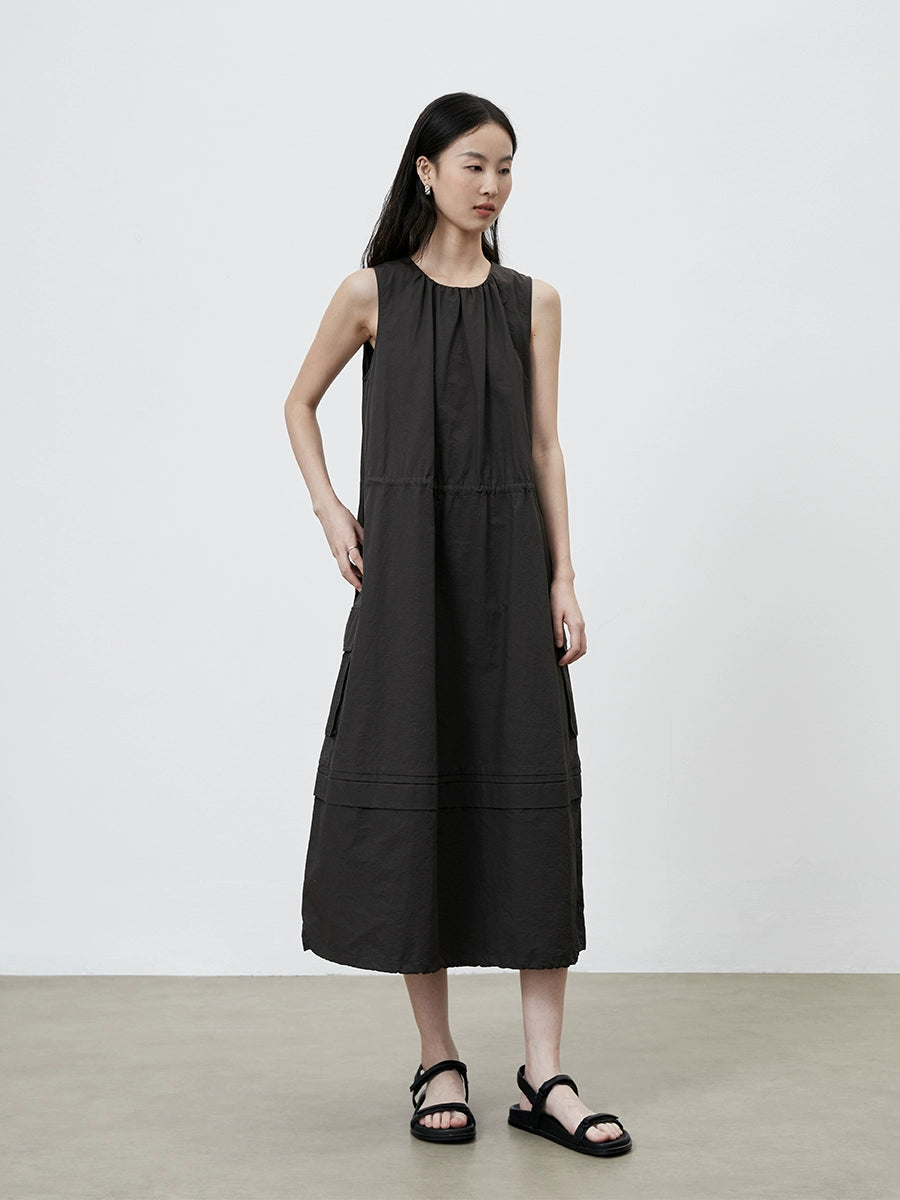 [Traveler] CAREMIND Simple dark gray green sleeveless dress tooling drawstring loose vest skirt