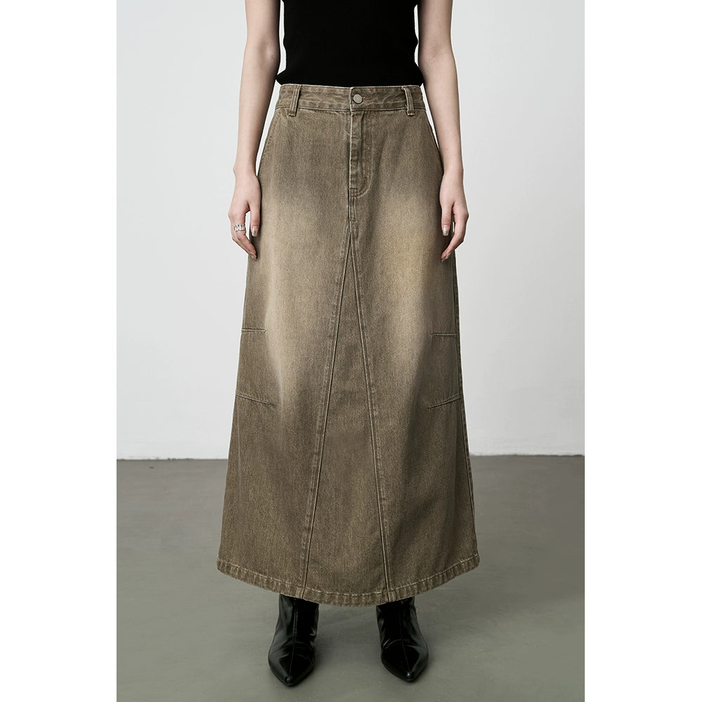 Falda vaquera antigua retro americana CAREMIND 2024, cintura alta, palabra A, falda larga de algodón con abertura 