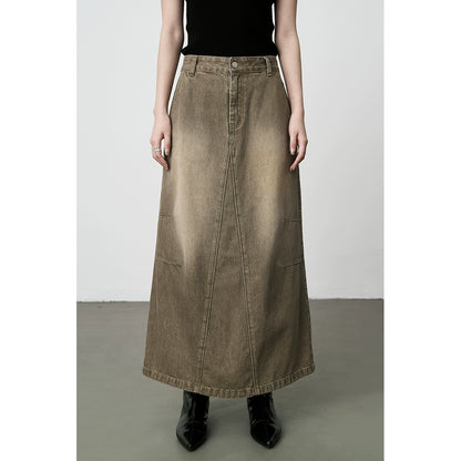 Falda vaquera antigua retro americana CAREMIND 2024, cintura alta, palabra A, falda larga de algodón con abertura 