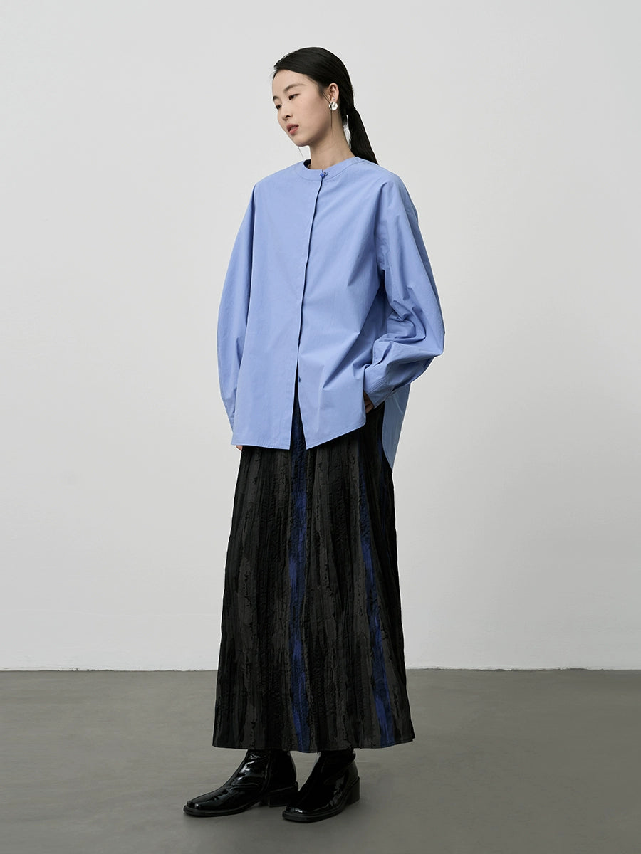 [Esmalte azul] Falda de contraste a rayas con temperamento artístico de CAREMIND, falda larga con pliegues y cintura alta de otoño 